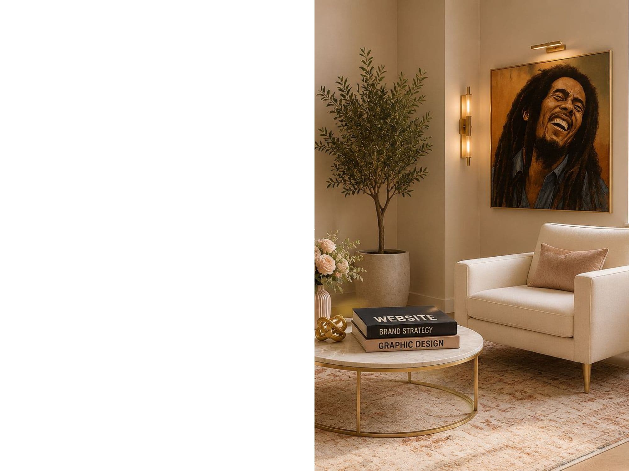 Warm styled living room with olive tree and artwork