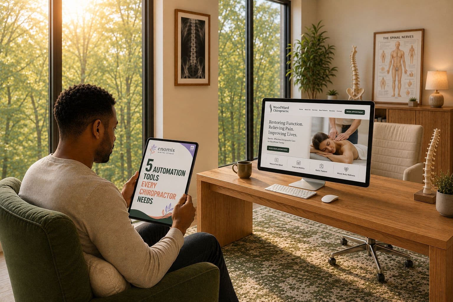 A chiropractor reading the 5 Automation Tools guide on a tablet in his office