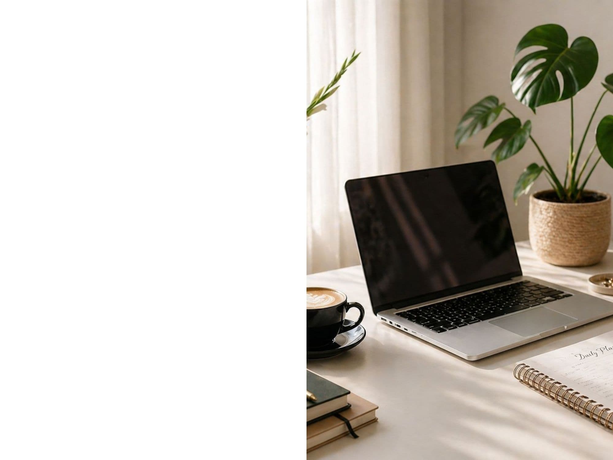 Cosy home office workspace with dog and monstera plant
