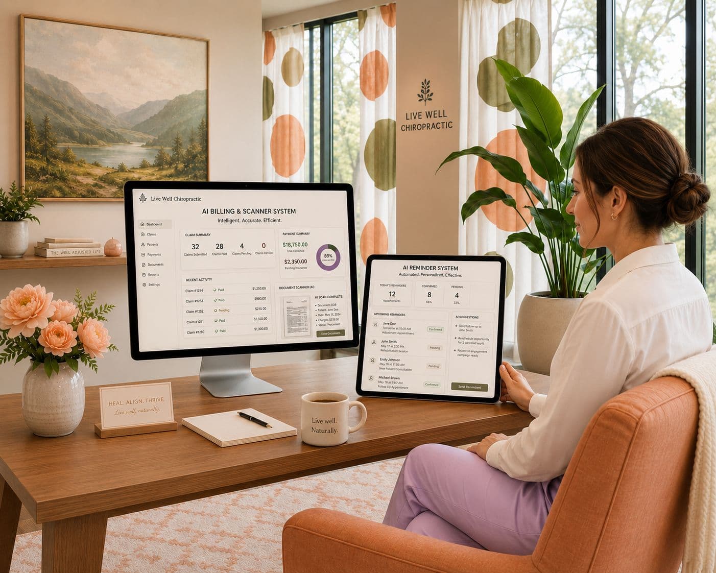 Multiple screens showing connected digital tools: website, Google Business Profile, and AI chatbot