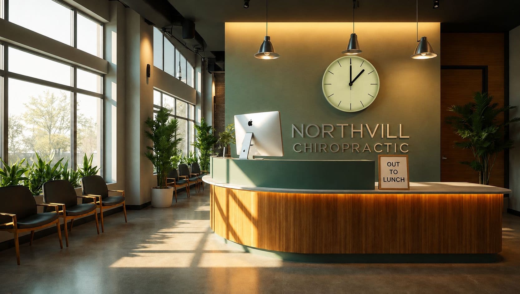 NorthVill Chiropractic empty reception desk at 1:00 PM with an Out to Lunch sign and the AI computer still active
