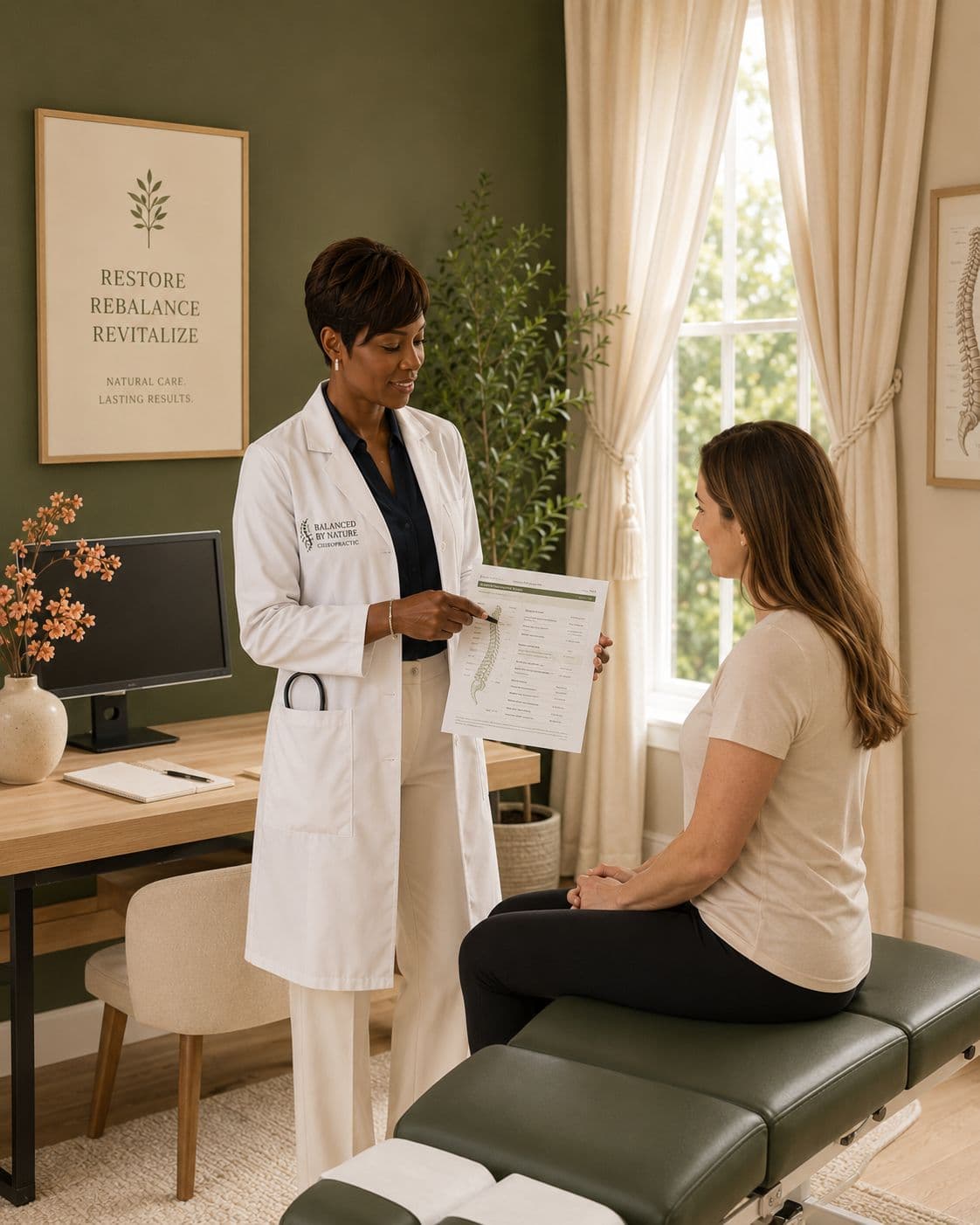 Chiropractor consulting with a patient in her clinic